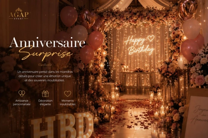 Organisation d’anniversaire surprise avec décoration premium et ambiance romantique par AGAP EVENT.