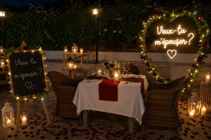 Décoration romantique de demande en mariage réalisée par AGAP EVENT dans une salle élégante à Douala.
