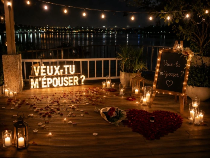 Décoration romantique de demande en mariage réalisée par AGAP EVENT dans une salle élégante à Douala.
