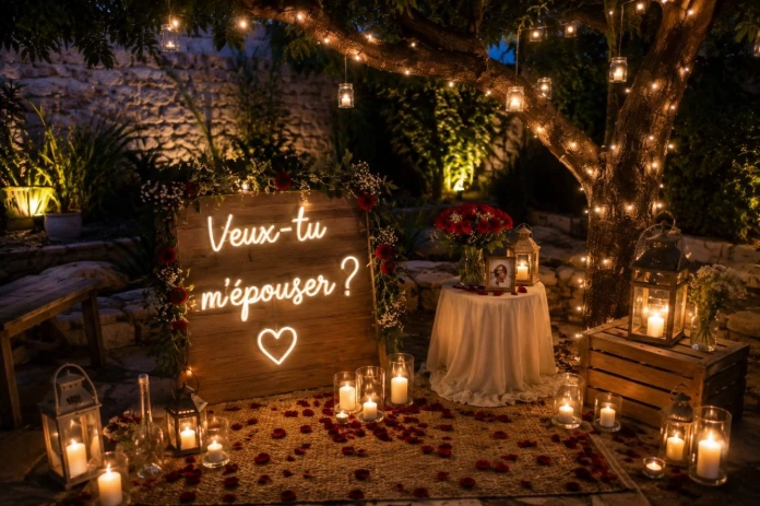 Décoration romantique de demande en mariage réalisée par AGAP EVENT dans une salle élégante à Douala.