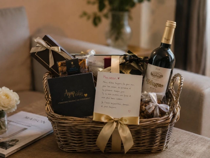 Panier cadeau personnalisé et élégant conçu par AGAP EVENT pour surprise romantique et anniversaire.