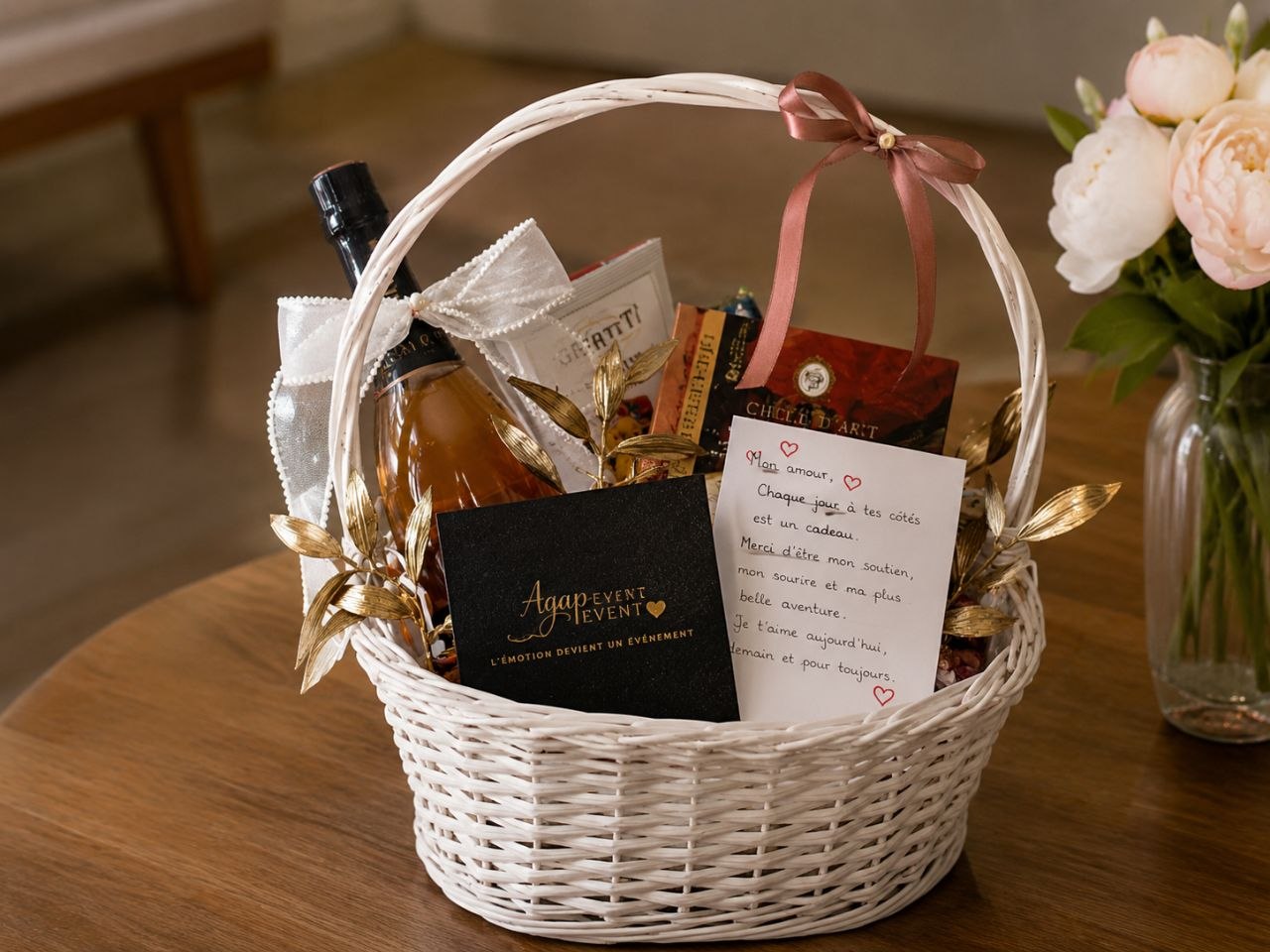 Panier cadeau personnalisé et élégant conçu par AGAP EVENT pour surprise romantique et anniversaire.