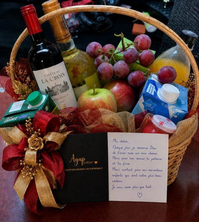 Panier cadeau personnalisé et élégant conçu par AGAP EVENT pour surprise romantique et anniversaire.