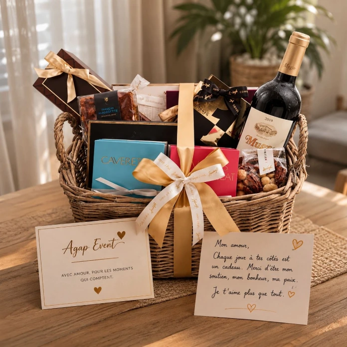 Panier cadeau personnalisé et élégant conçu par AGAP EVENT pour surprise romantique et anniversaire.